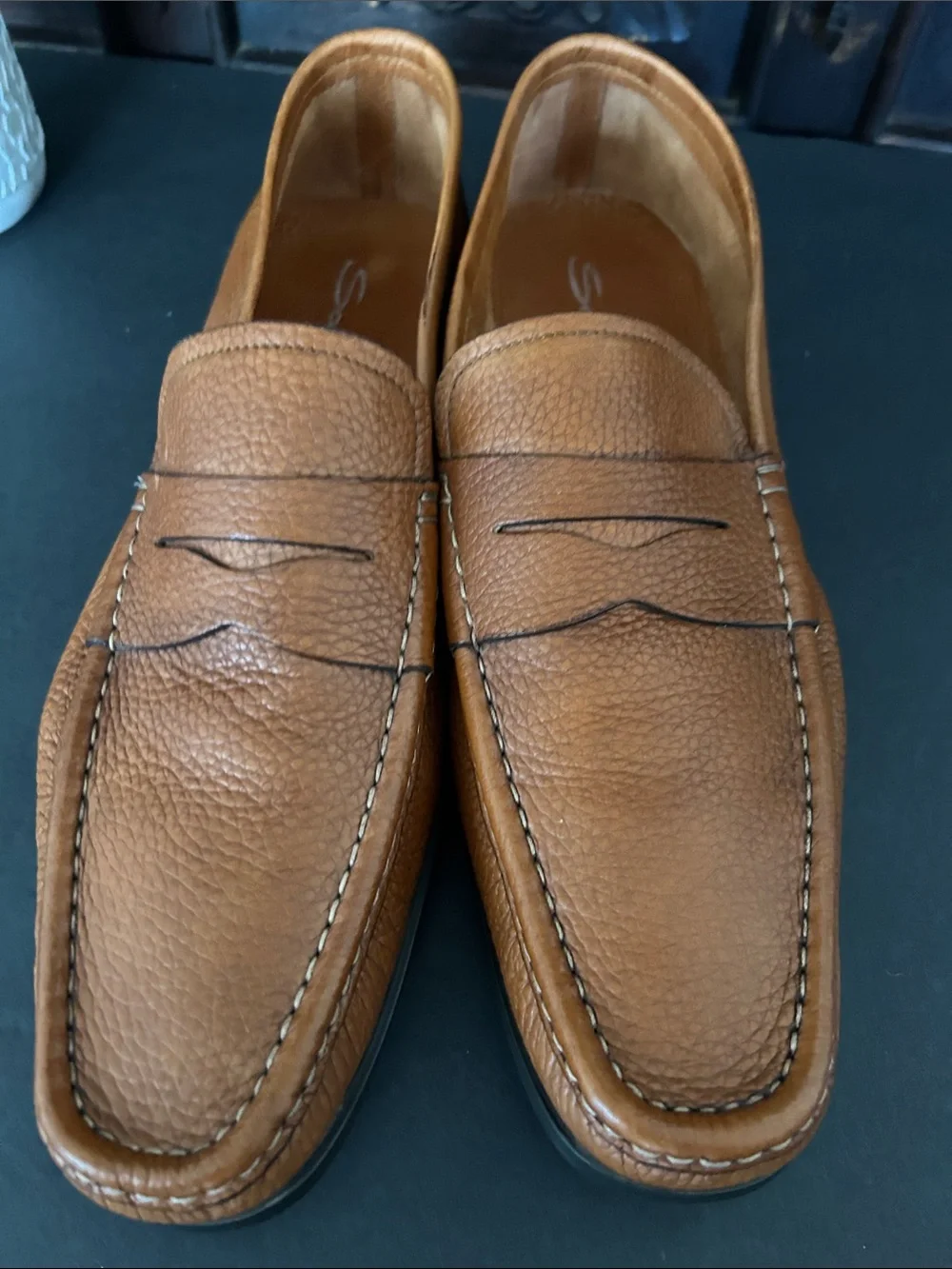 Santoni Men's Cognac Pebbled Leather Penny Loafers